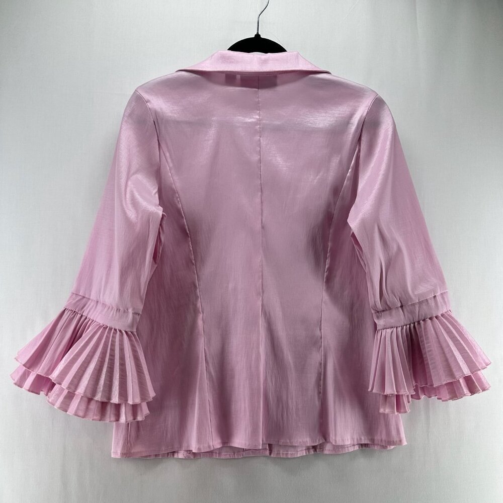 Victor Costa Top Womens S Satin Blouse Hidden Button Pleated Bell Sleeve Pink - Picture 2 of 12